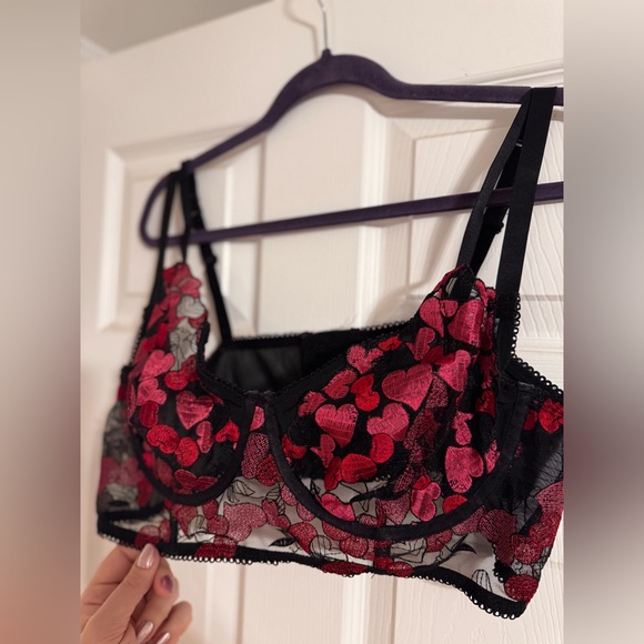 NWOT Torrid Black and Pink , Red hearts embroidered longline bralette•sheer mesh - Picture 2 of 8